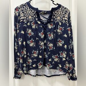 Navy Floral Lace-Up Blouse